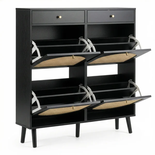 Rattan shoe cabinet with 2 drawers and 4 flip-tops, made of particleboard, 105*24*110cm, black view 2
