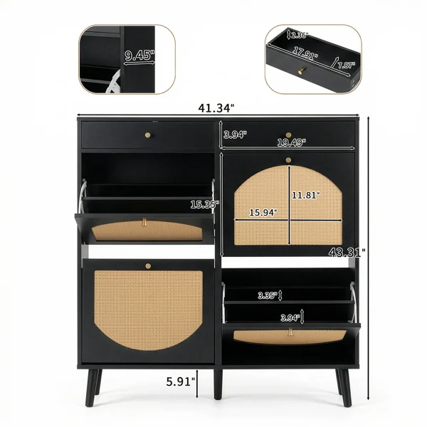 Rattan shoe cabinet with 2 drawers and 4 flip-tops, made of particleboard, 105*24*110cm, black view 3