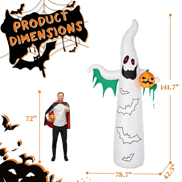 12ft Inflatable Halloween Decor with Flashing Bats & White Ghosts, 4 LED Lights + 82 String Lights, White & Green, 12V 1500mA US Power Adapter view 6
