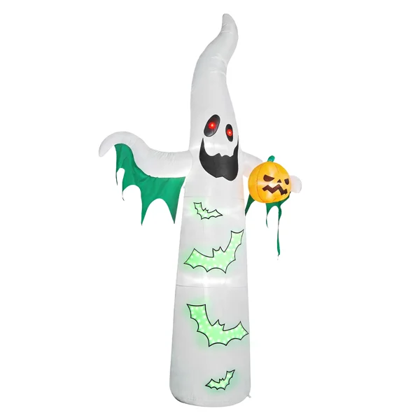 12ft Inflatable Halloween Decor with Flashing Bats & White Ghosts, 4 LED Lights + 82 String Lights, White & Green, 12V 1500mA US Power Adapter