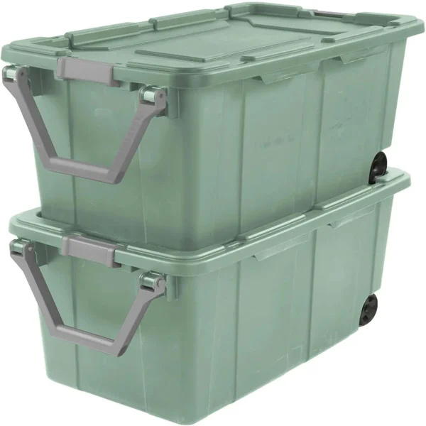 40 Gallon Durable Plastic Storage Tote with Latching Lid and Pull Handle, Green, 2 Pack view 3