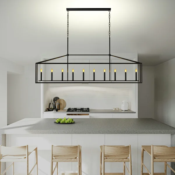 10 Lights Farmhouse Black Chandelier Rectangular Linear Pendant Lighting for Dining Room Kitchen Island view 4