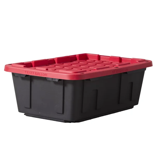 (Pack of 4) 17 Gallon Medium Storage Bin Low Profile with Snap Lid, Black and Red, Heavy Duty Plastic Storage Container view 2