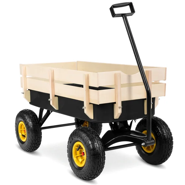 Heavy Duty Steel Wooden Side Support Cargo Wagon with 10" All-Terrain Air Tires, Up to 220lb Load Capacity, for Towing Kids Toys, Gardening Supplies, Black