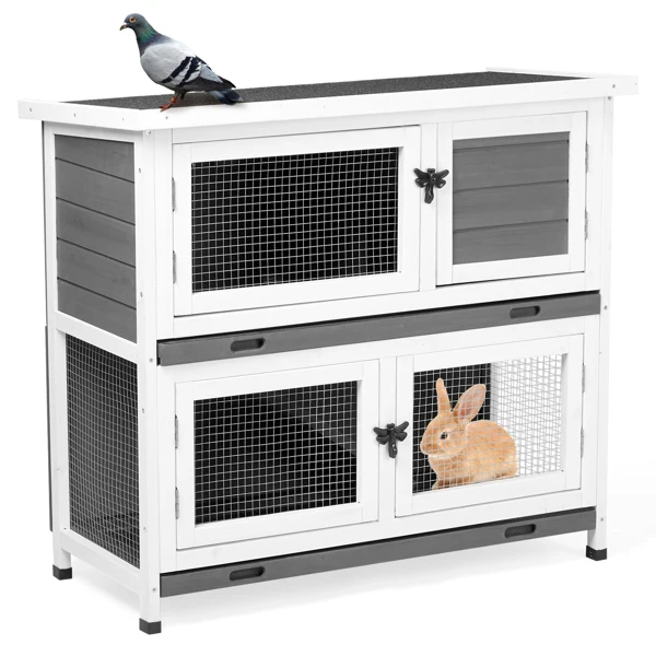 2 Story Solid Wood Rabbit Hutch Bunny Cage with 2 Large Main Rooms, Indoor Outdoor Rabbit House Guinea Pig Cage Pet House for Small Animals with 2 Removable Trays, Grey view 2