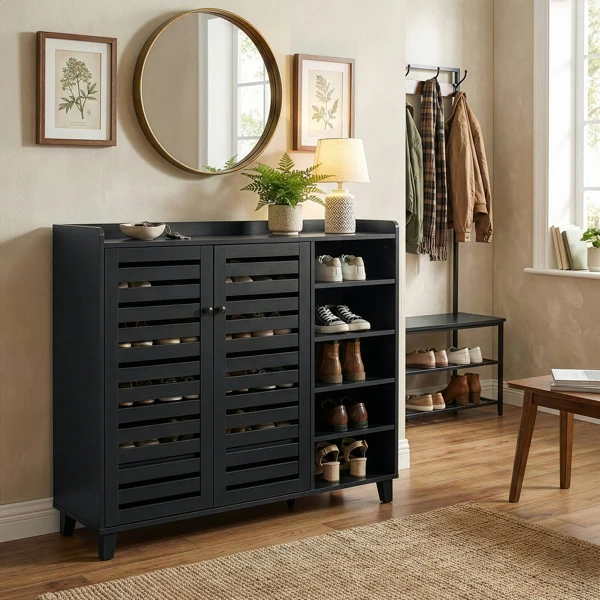 Shoe cabinet with 2 doors, 5 open compartments, and a tabletop with a back panel; made of MDF; 116*35.5*107cm; black