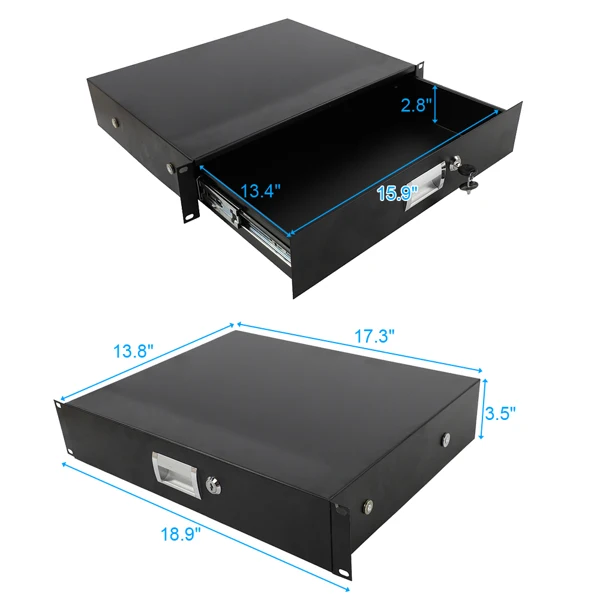 19" 2U Steel Plate DJ Drawer Equipment Cabinet with Keys Black view 2