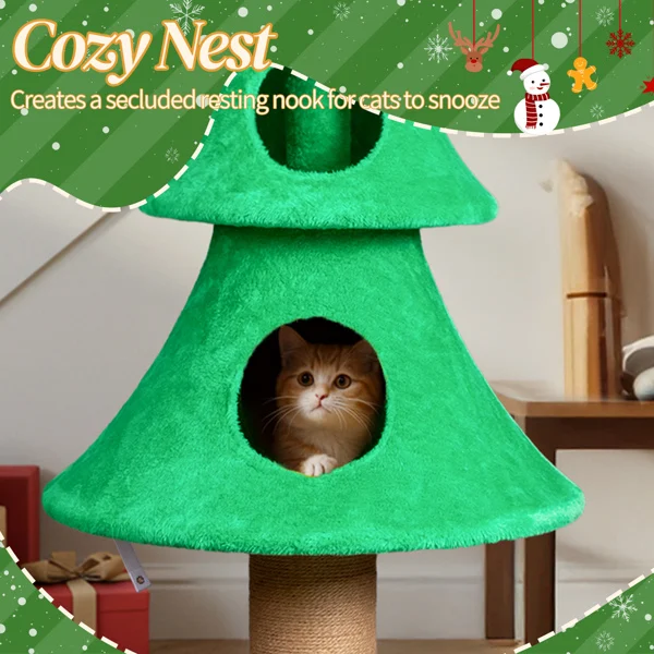 59in Large Tall Christmas Tree Cat Tower with 2 Cat Condos & Scratching Post, Soft Fleece Cat Tree with Teaser Toy & Sturdy Base & Built-in Openings for Indoor Cats, Green view 2