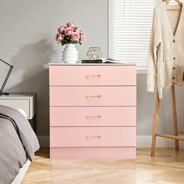25.98"*12.99"*30.42" 4-Drawer Cabinet Faux Rose Gold Handles Pink