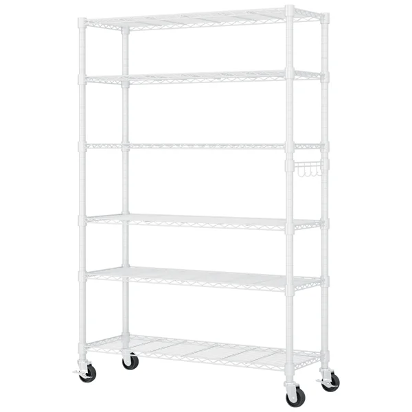Six-layer, freely removable display stand with one row of side hooks, adjustable feet and wheels, iron, 117*45*208cm, powder-coated white view 2