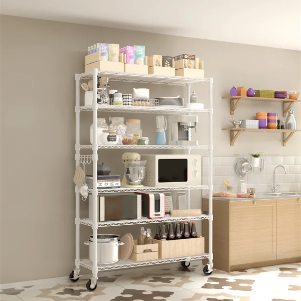 Six-layer, freely removable display stand with one row of side hooks, adjustable feet and wheels, iron, 117*45*208cm, powder-coated white view 3