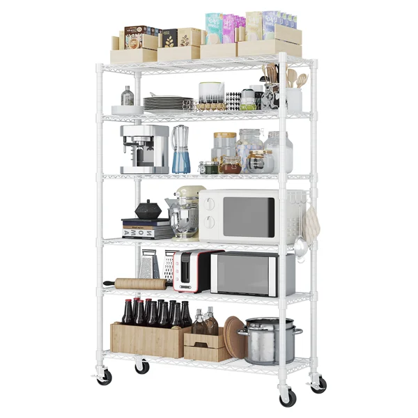 Six-layer, freely removable display stand with one row of side hooks, adjustable feet and wheels, iron, 117*45*208cm, powder-coated white