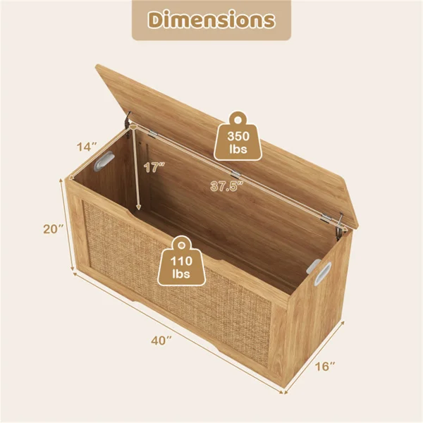 39 Gallon Wooden Toy Box Storage Chest with Soft Close Lid, Rattan Look Kids Storage Bench for Playroom Bedroom view 3
