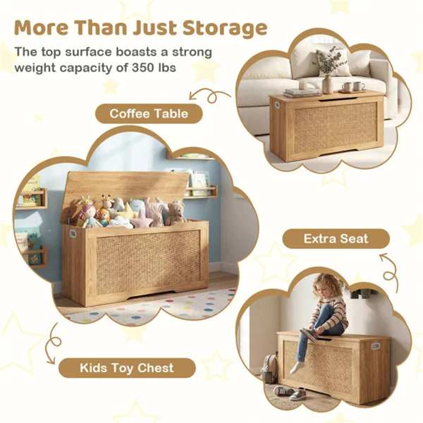 39 Gallon Wooden Toy Box Storage Chest with Soft Close Lid, Rattan Look Kids Storage Bench for Playroom Bedroom view 4