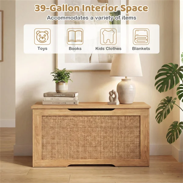 39 Gallon Wooden Toy Box Storage Chest with Soft Close Lid, Rattan Look Kids Storage Bench for Playroom Bedroom view 5