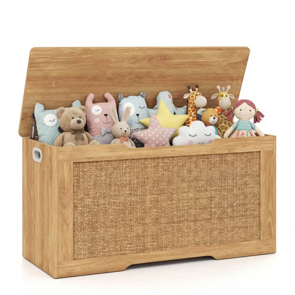39 Gallon Wooden Toy Box Storage Chest with Soft Close Lid, Rattan Look Kids Storage Bench for Playroom Bedroom