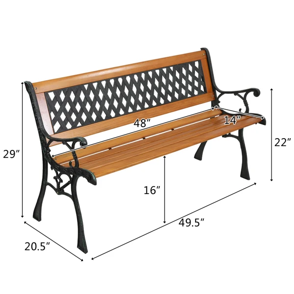 49" Garden Bench Patio Porch Chair Deck Hardwood Cast Iron Love Seat Weave Style Back view 2