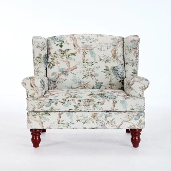 Modern Accent Chair with Retro Wood Legs, Comfy Upholstered Armchair, Floral Design Single Sofa Chair for Living Room Bedroom Office - Floral Blue Bird