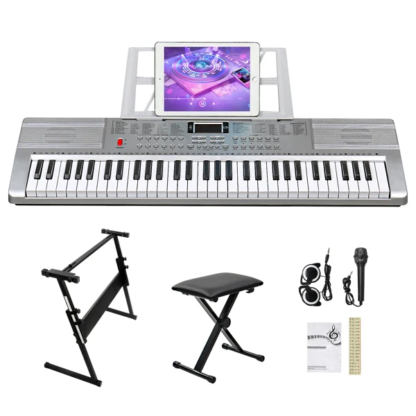GEP-110 61 Key Lighting Keyboard with Piano Stand, Piano Bench, Built In Speakers, Headphone, Microphone, Music Rest, LED Screen, 3 Teaching Modes for Beginners