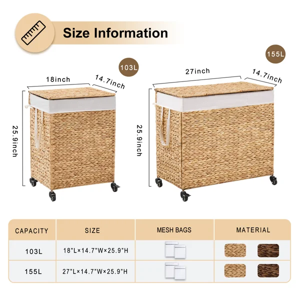 160L 3-Section Laundry Hamper with Lid and Wheels, Woven Natural Water Hyacinth Rolling Laundry Hamper view 3