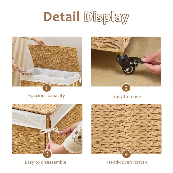160L 3-Section Laundry Hamper with Lid and Wheels, Woven Natural Water Hyacinth Rolling Laundry Hamper view 4