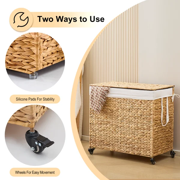160L 3-Section Laundry Hamper with Lid and Wheels, Woven Natural Water Hyacinth Rolling Laundry Hamper view 5