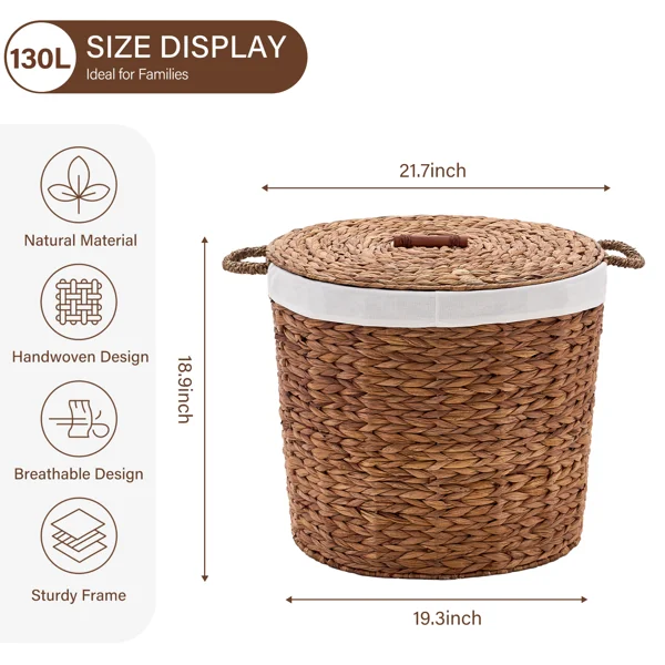 145L Round Laundry Hamper with Lid, Woven Natural Water Hyacinth Laundry Hamper view 2