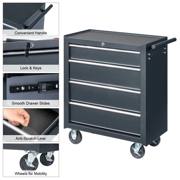 Single-bottom cabinet 4-draw, steel, black 330lb instrument cart, storage room view 2