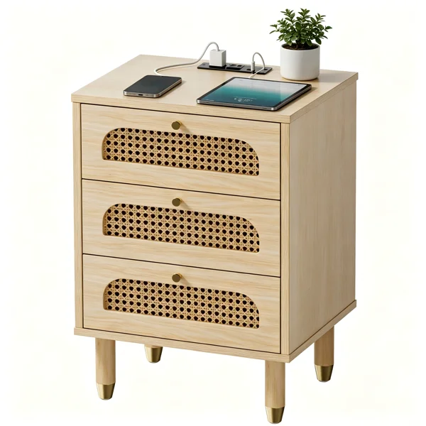 3-Drawer Nightstand with Rattan-Style Finish 15.75"*13.78"*23.82" with Power Outlet Oak view 3