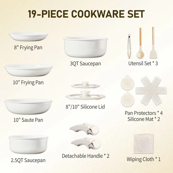 19-Piece Cookware Set, 5 Pots and 2 Lids, Removable Handles, Non-Stick Aluminum Pots and Pans, Microwave & Oven Safe, Dishwasher Safe, Cream White view 5