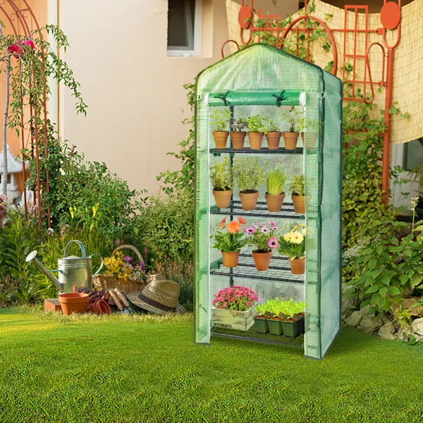 69x49x160cm Black Iron Pipe Pointed Mini Flower Stand With 4 Layers Of Grid, With Zipper Rolling Door, PE Cloth Green House view 3