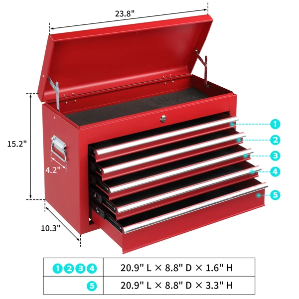 Steel maintenance tool cart cabinet 5 drawers with lock 330lb red view 3