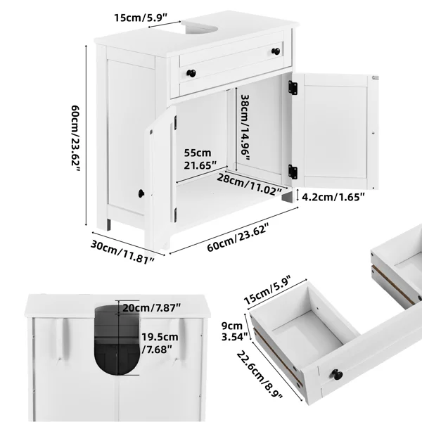1-Drawer 2-Door Bathroom Vanity Bathroom Cabinet Washbasin Not Included 23.62*11.81*23.62in White view 5
